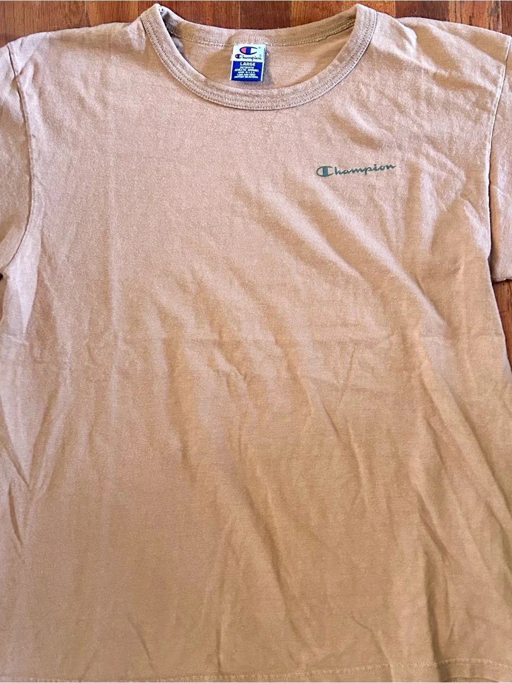 Vintage ‘90s Champion USA Essential Spellout Brown Tan Cotton Crewneck T-shirt L - Picture 2 of 7